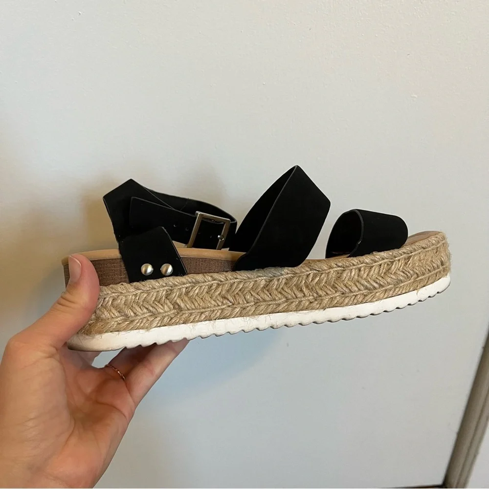 Soda black tan espadrille platform sandal women’s size 9 strappy ankle buckle